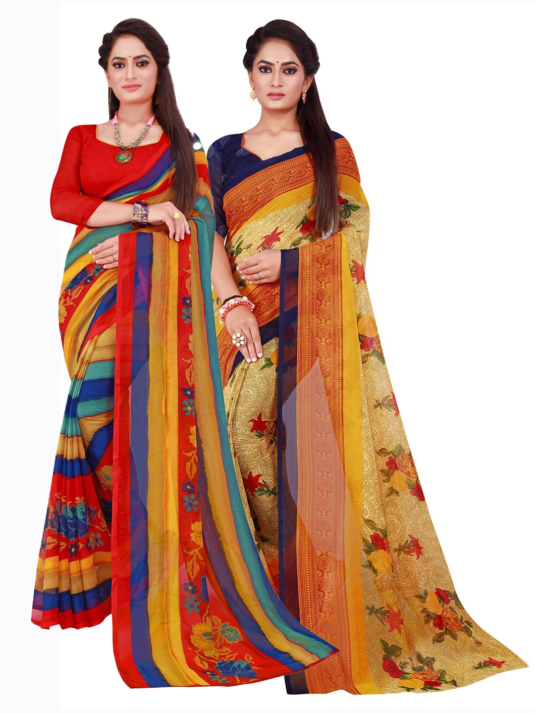 

Florence Red & Navy Blue Set Of 2 Floral Pure Georgette Saree