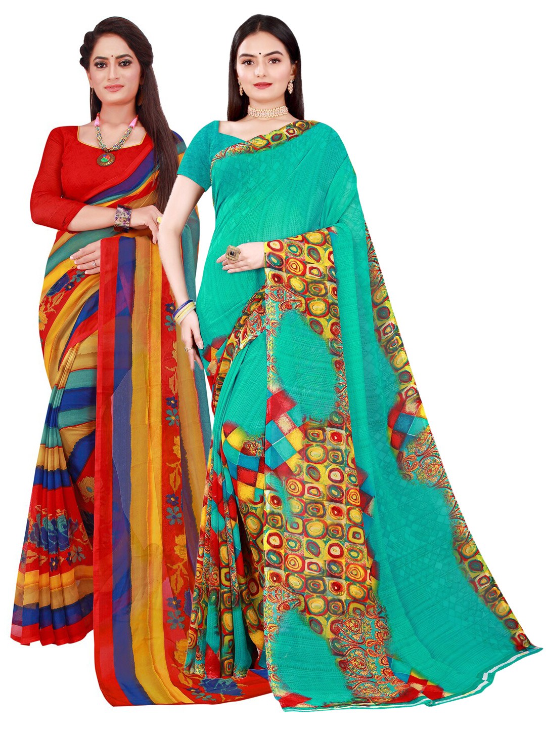 

Florence Red & Blue Pack of 2 Printed Pure Georgette Saree