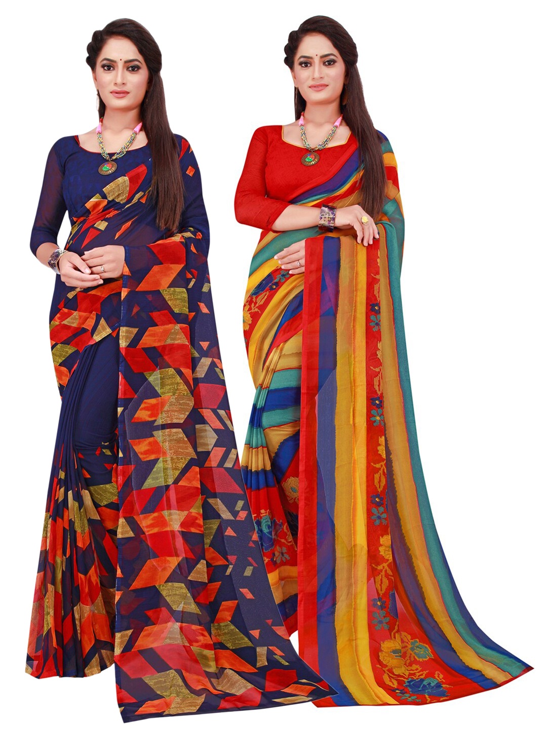 

Florence Red & Blue Pack of 2 Printed Pure Georgette Saree