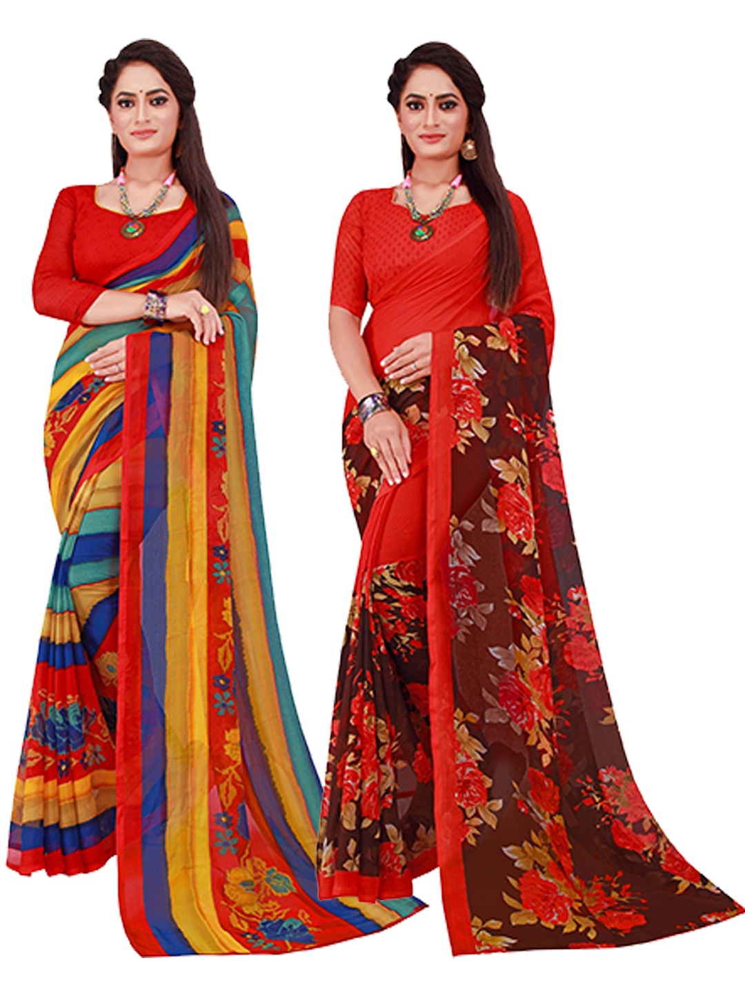 Florence Red & Yellow Set Of 2 Pure Georgette Saree