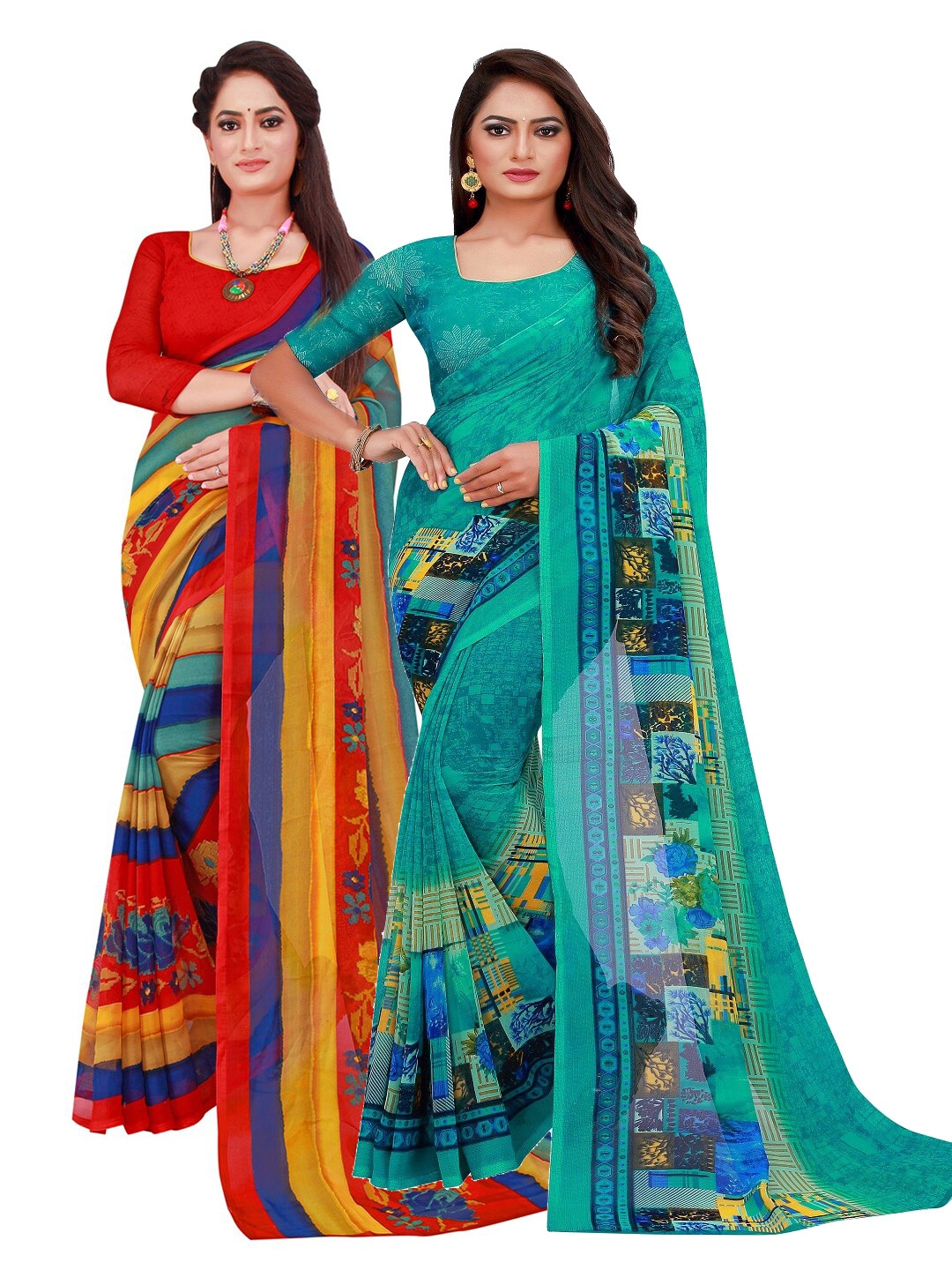 

Florence Red & Green Pack of 2 Printed Pure Georgette Saree