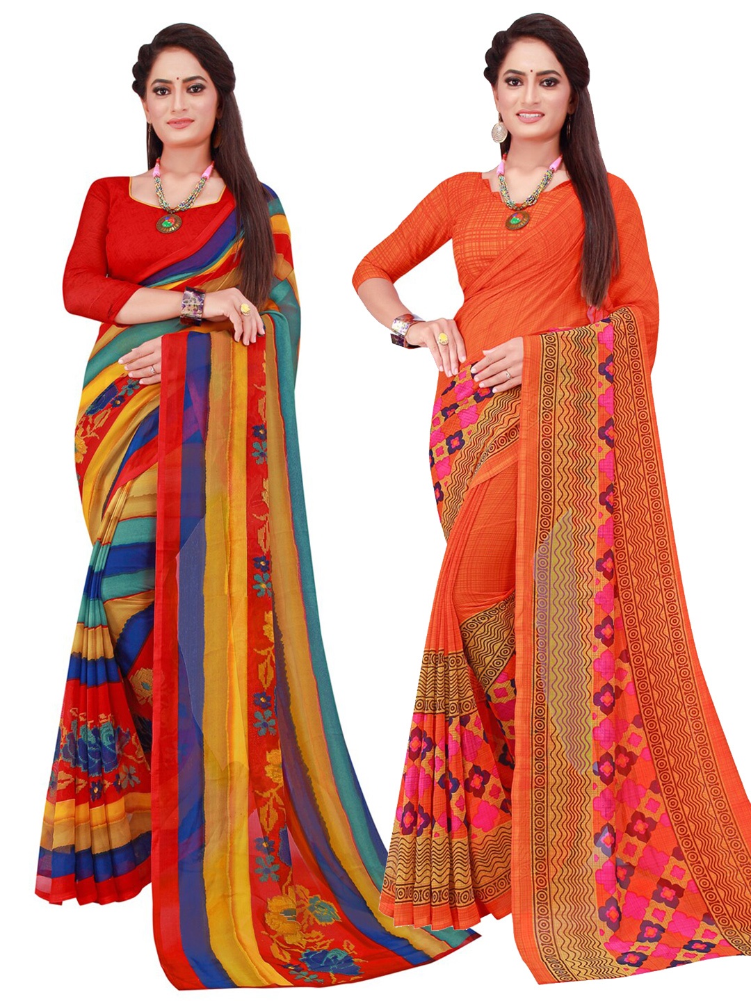 

Florence Red & Orange Set Of 2 Pure Georgette Saree