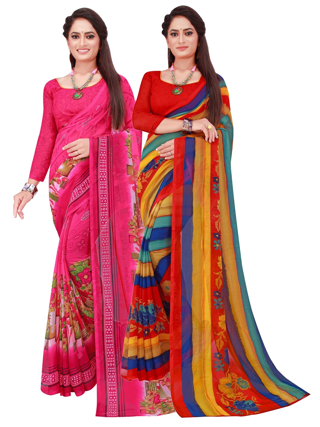 

Florence Red & Pink Set Of 2 Floral Pure Georgette Saree