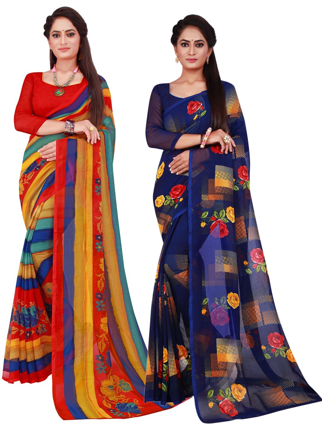 

Florence Set Of 2 Multicoloured Striped Pure Georgette Saree, Multi