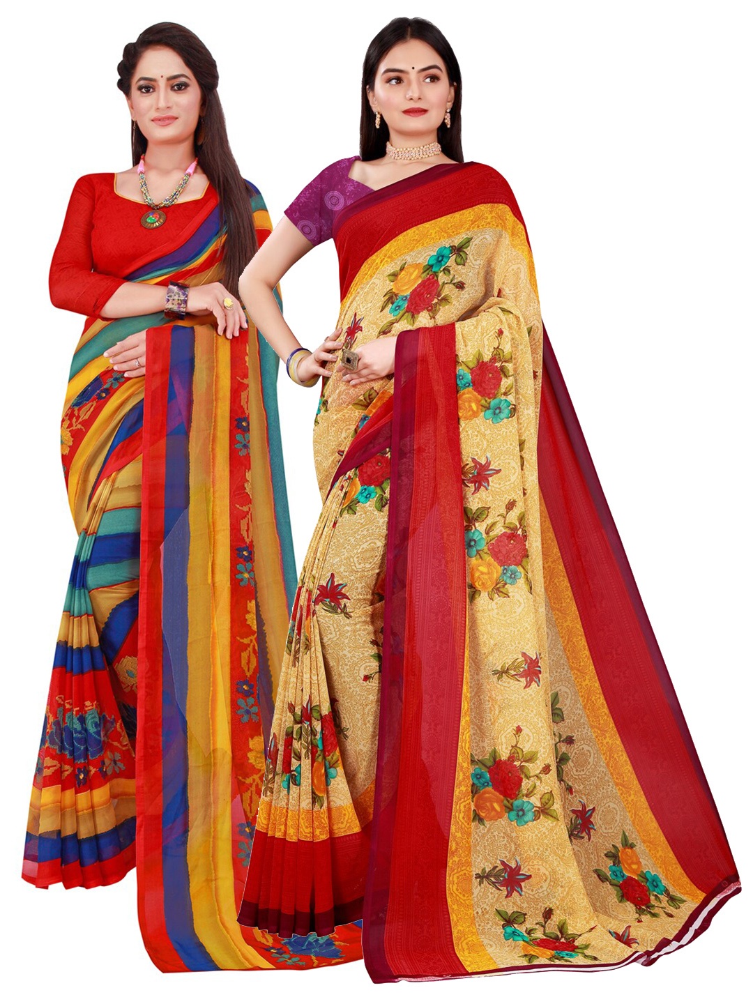 

Florence Red & Cream-Coloured Floral Printed Pure Georgette Saree Pack Of 2