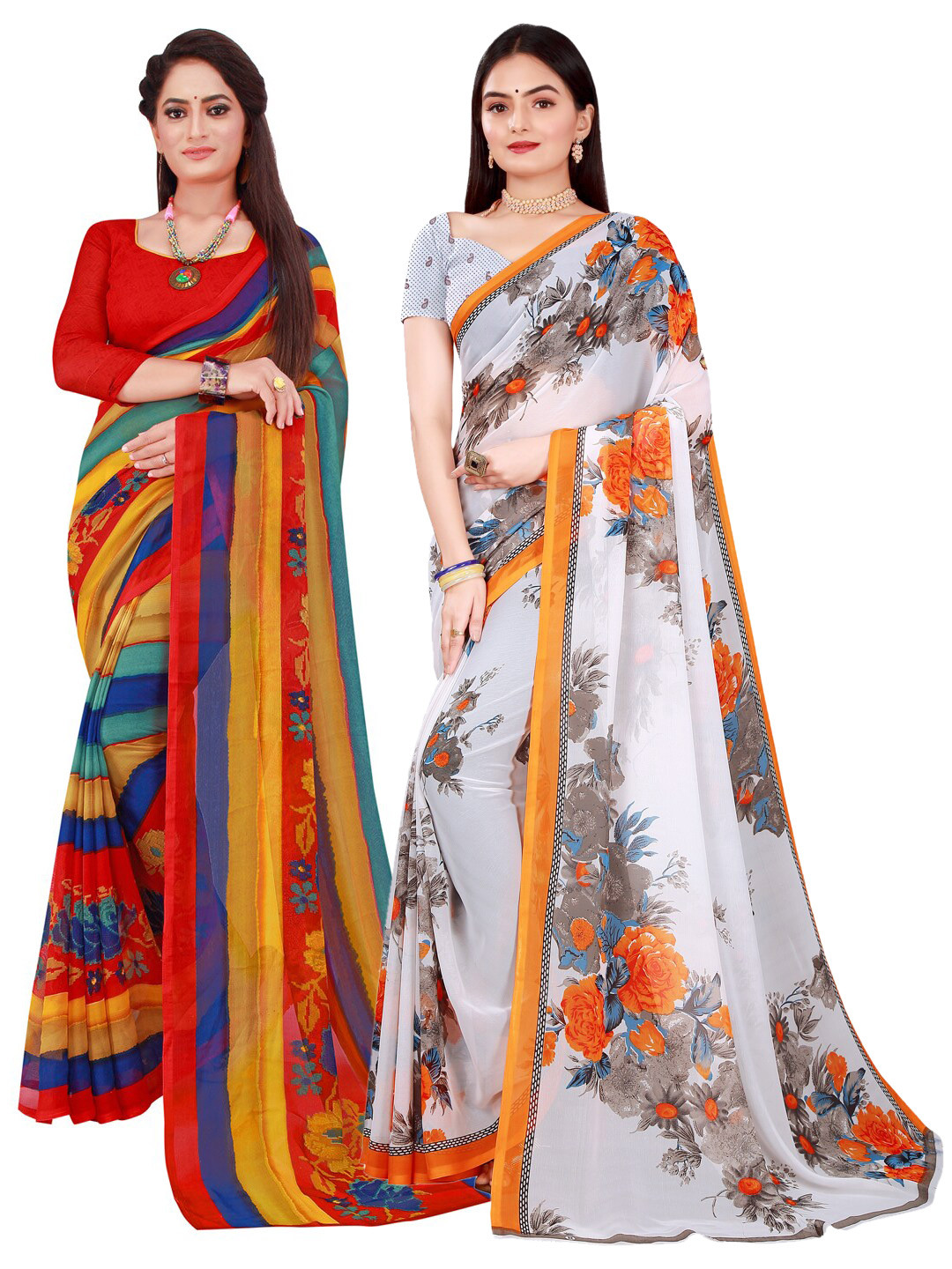 

Florence Red & White Set Of 2 Pure Georgette Saree