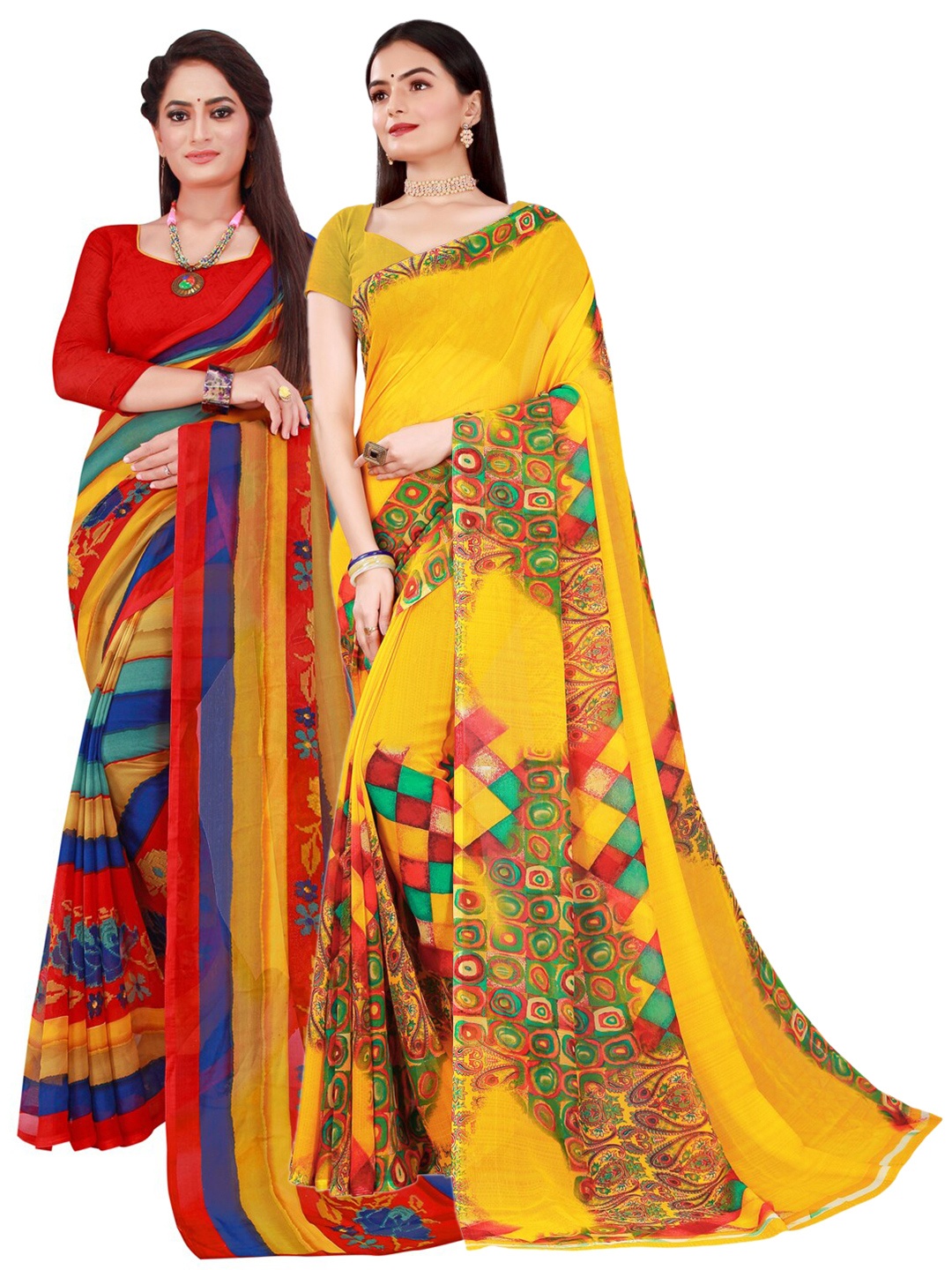 Florence Red & Yellow Set Of 2 Pure Georgette Saree