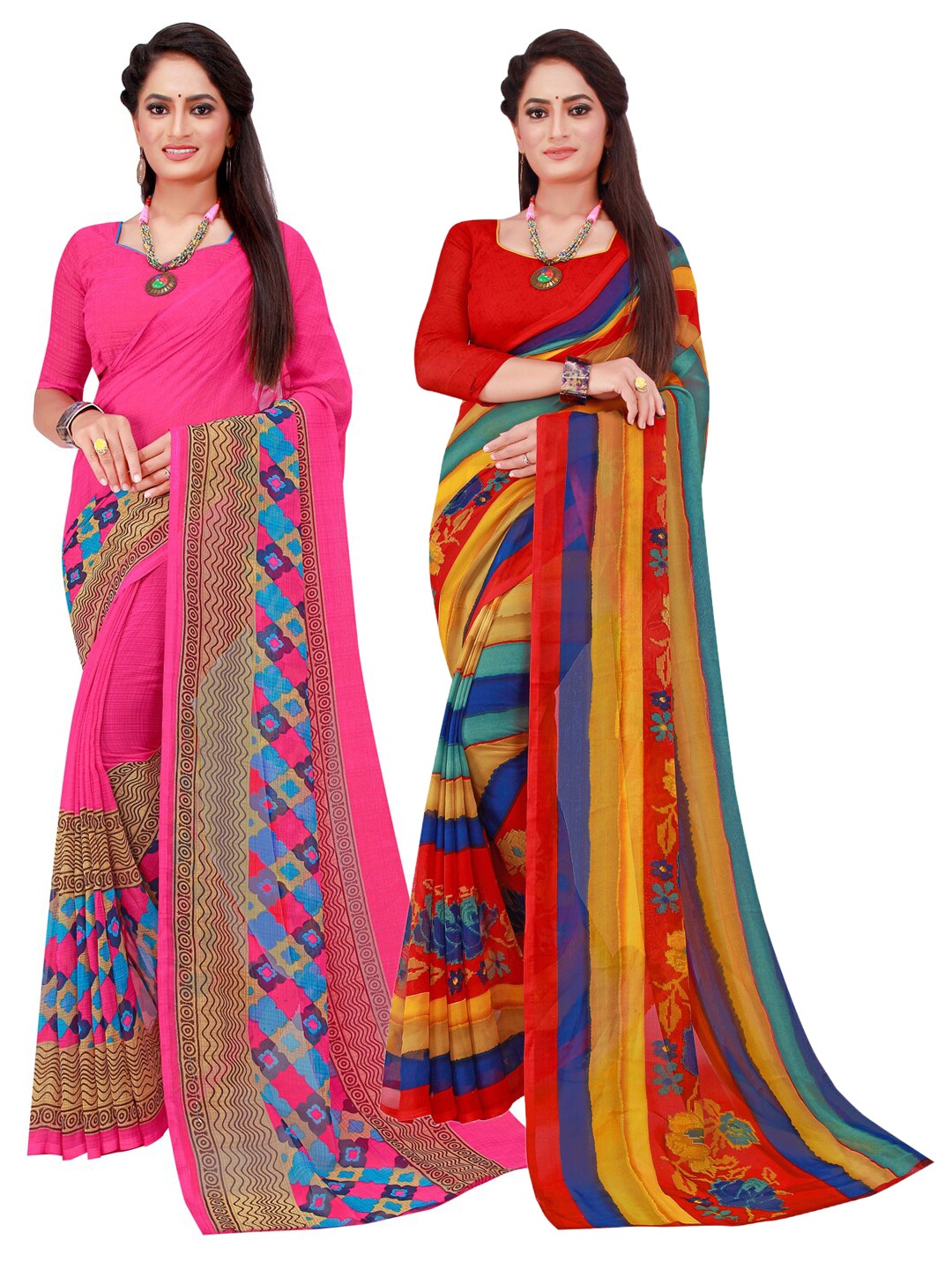 

Florence Pack Of 2 Red & Blue Floral Printed Pure Georgette Saree
