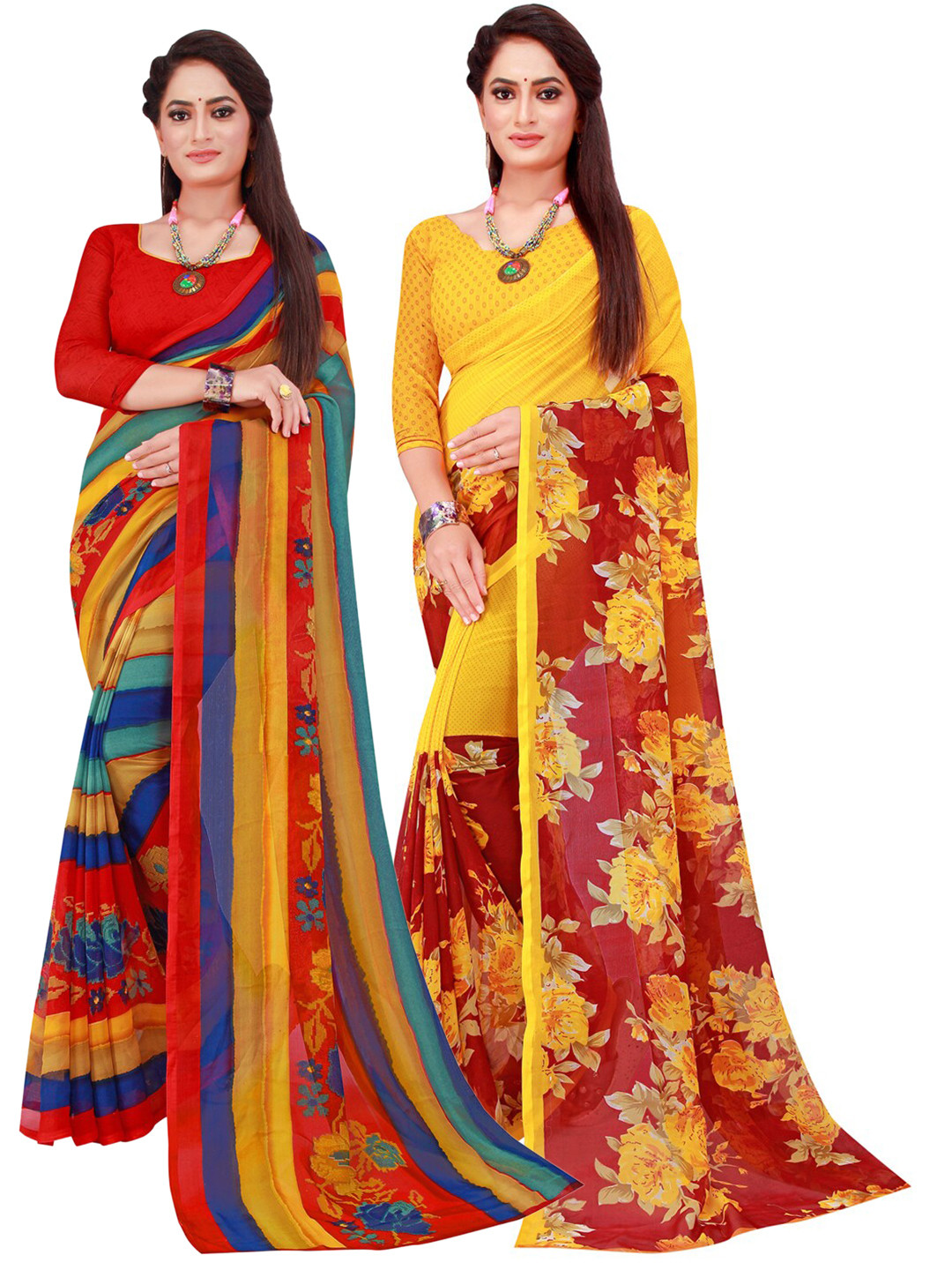 

Florence Red & Blue Pack of 2 Printed Pure Georgette Saree