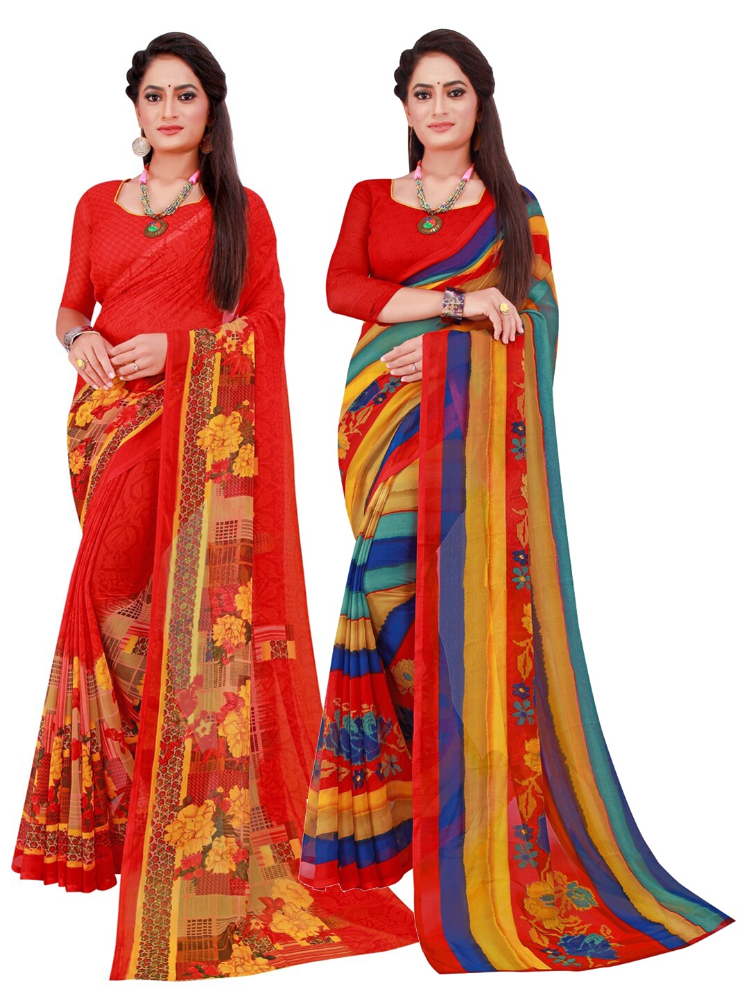 

Florence Red & Blue Pack of 2 Printed Pure Georgette Saree