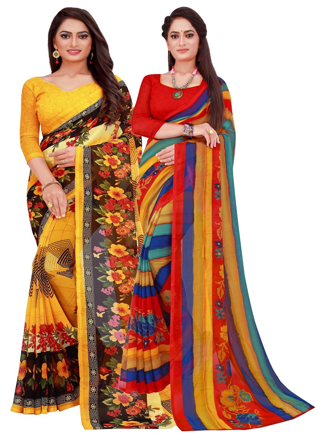 Florence Red & Yellow Set Of 2 Floral Pure Georgette Saree