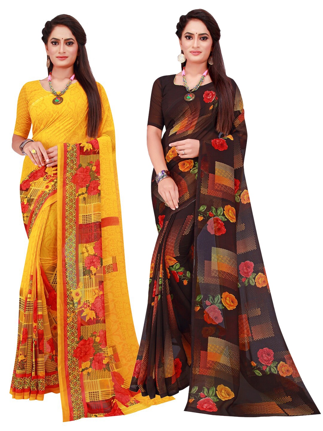 Florence Yellow & Black Set Of 2 Pure Georgette Saree