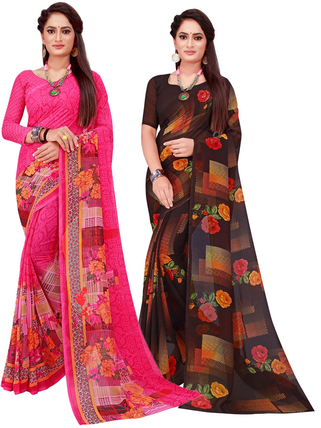 

Florence Pink & Black Pack of 2 Printed Pure Georgette Saree
