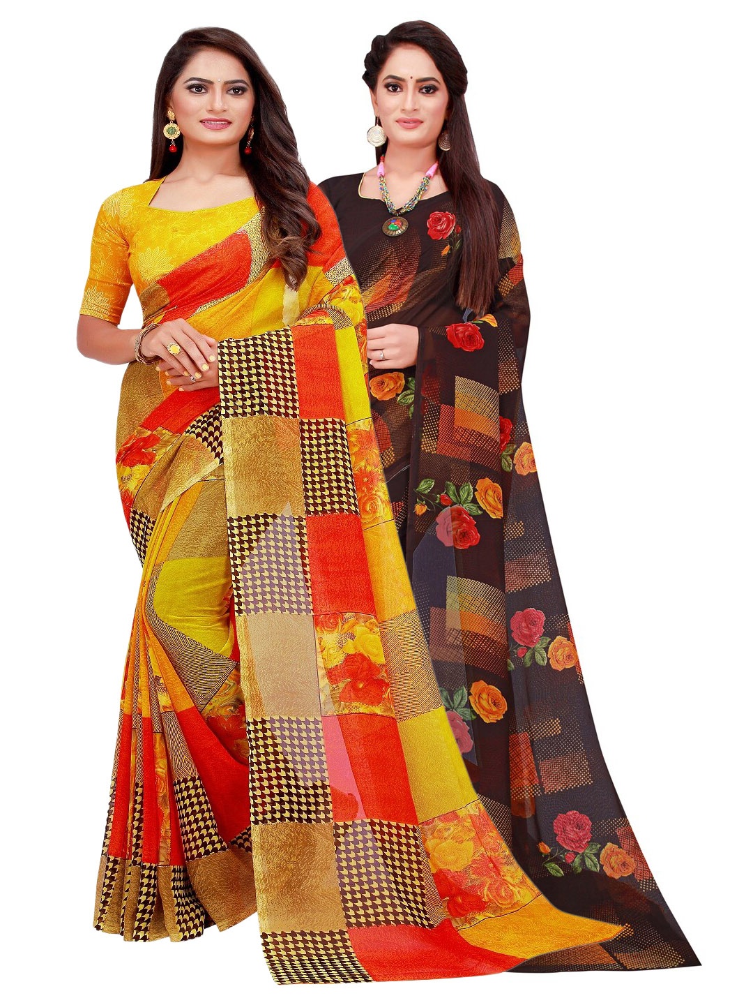 

Florence Black & Mustard Pack of 2 Printed Pure Georgette Saree