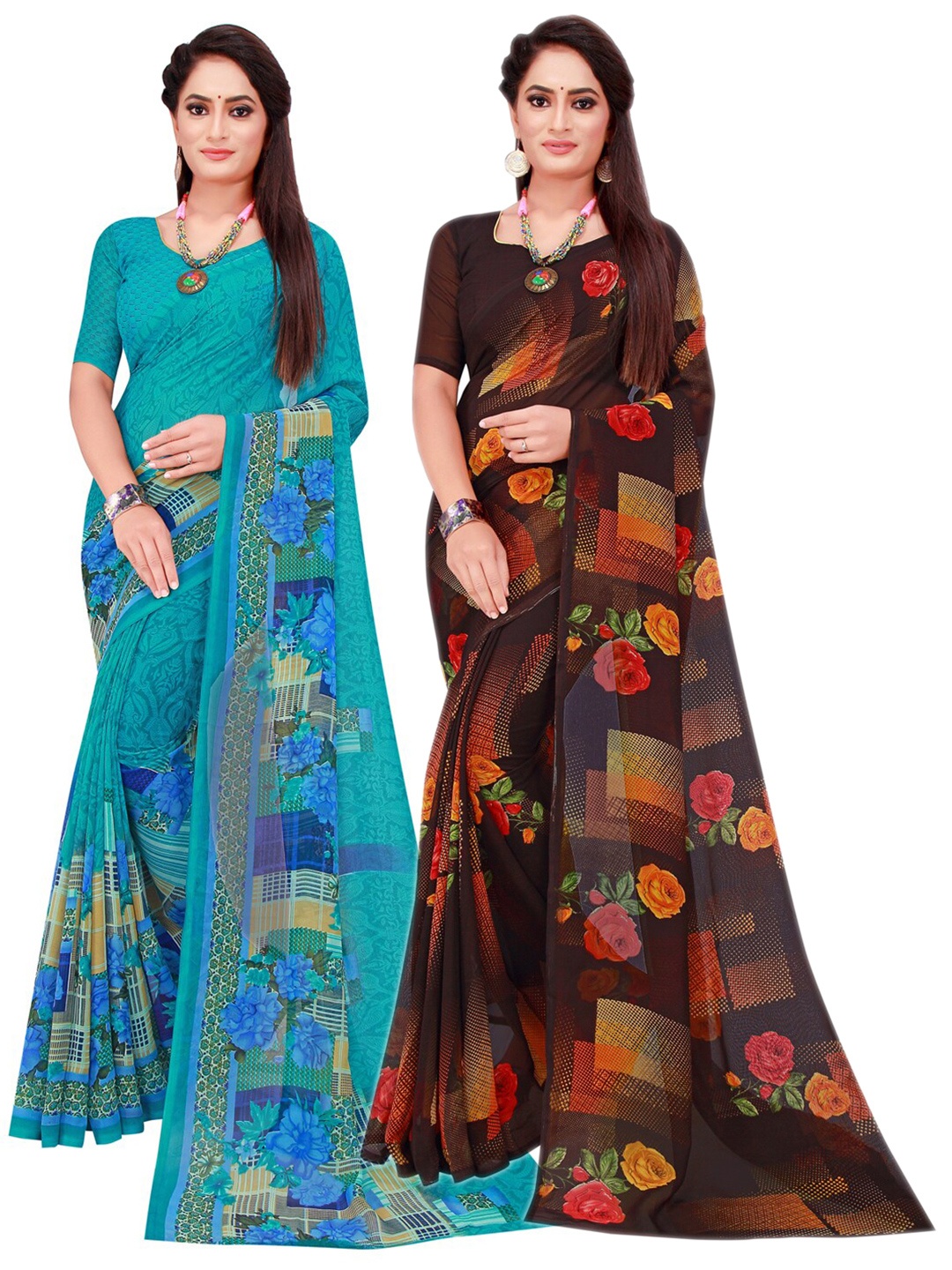 

Florence Black & Red Set Of 2 Floral Pure Georgette Saree