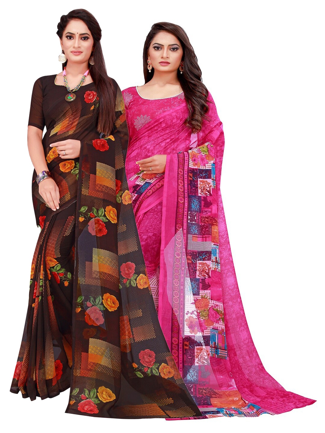 

Florence Magenta & Black Set Of 2 Pure Georgette Saree