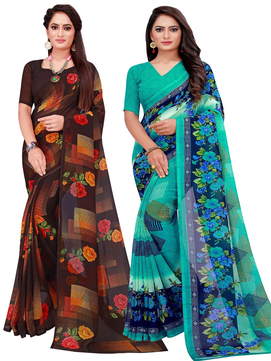 

Florence Turquoise Blue & Black Pack of 2 Printed Pure Georgette Saree