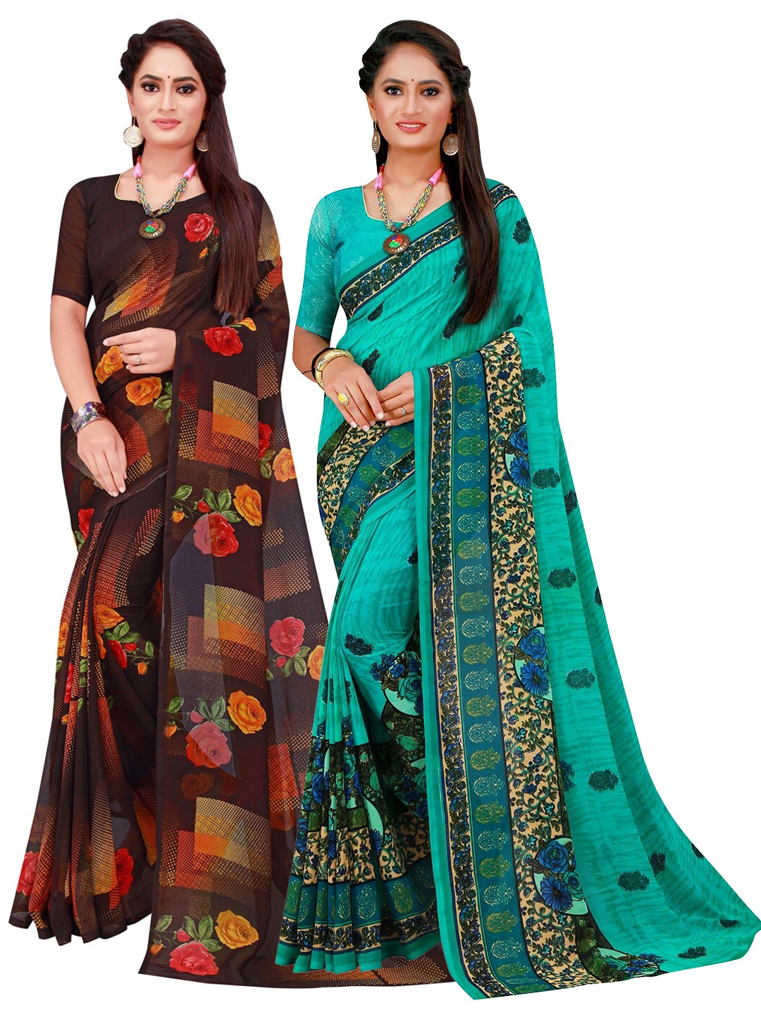 

Florence Black & Turquoise Blue Set Of 2 Pure Georgette Saree