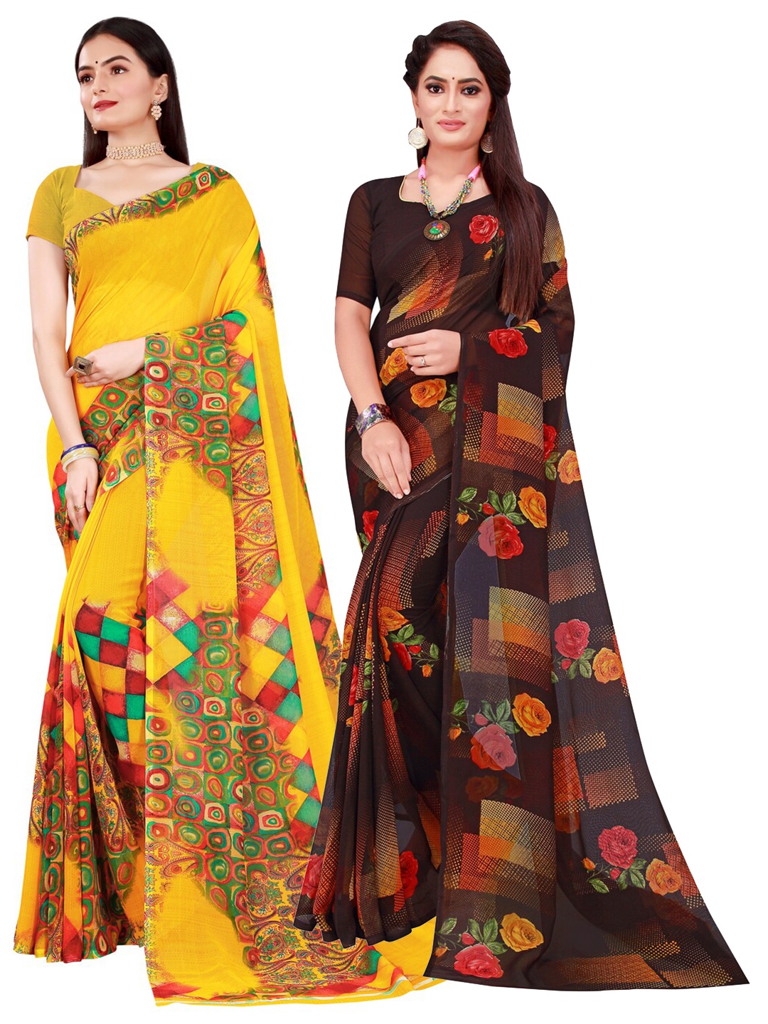 

Florence Black & Yellow Pack of 2 Printed Pure Georgette Saree