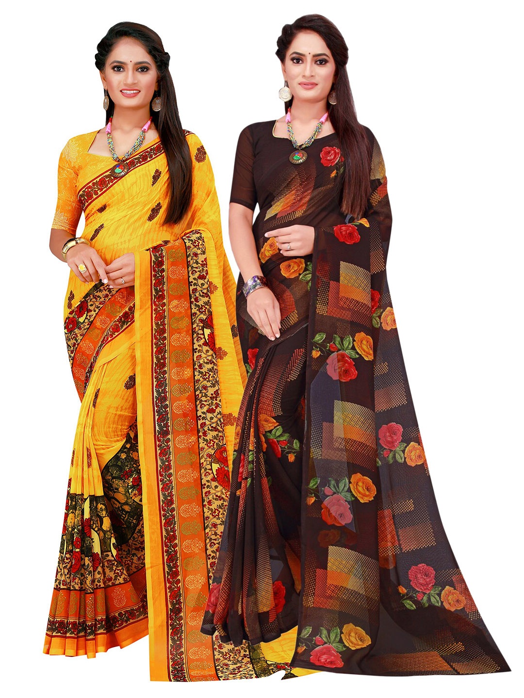 

Florence Black & Yellow Floral Pack Of 2 Pure Georgette Sarees