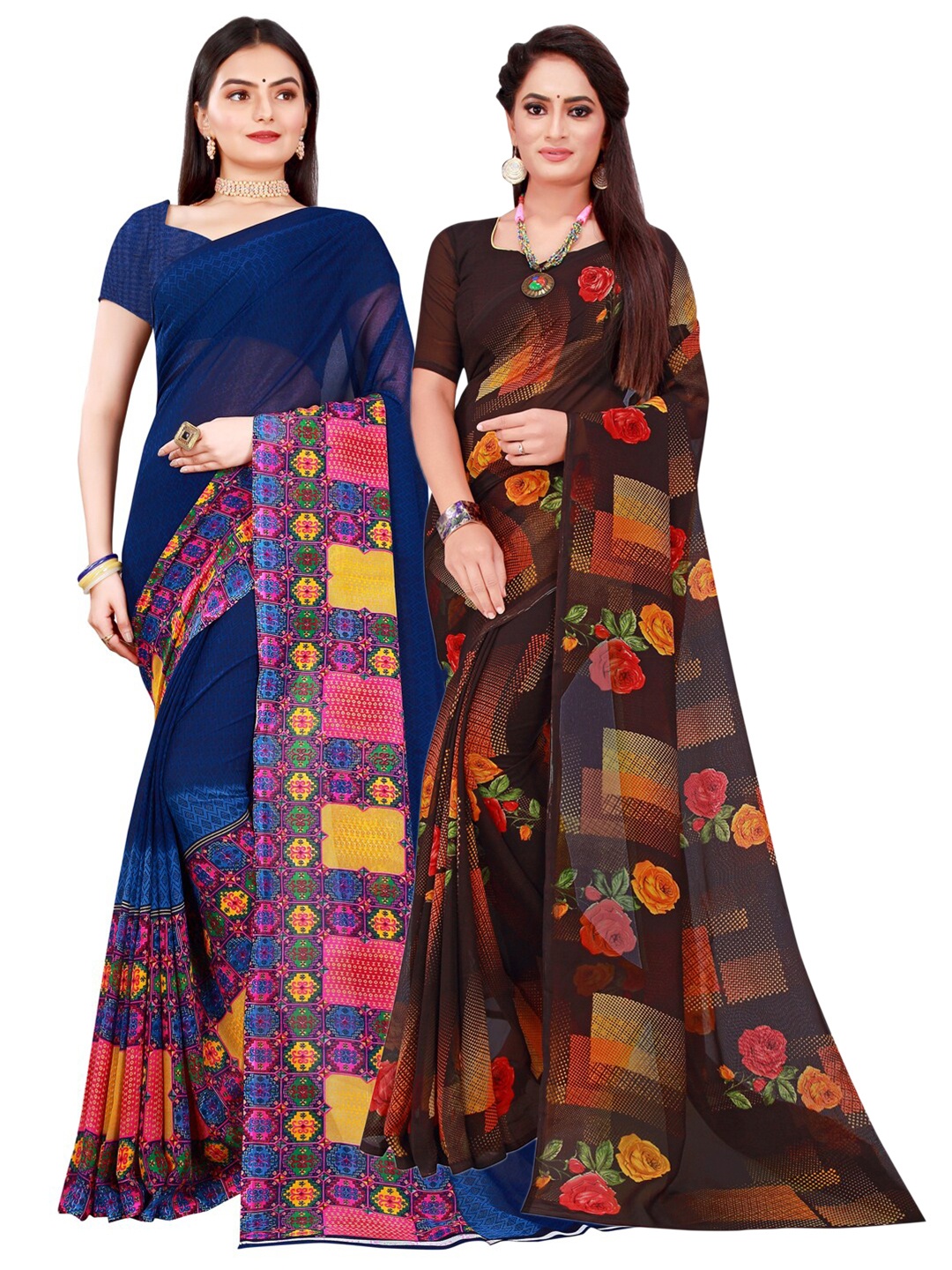 

Florence Brown & Blue Set Of 2 Pure Georgette Saree