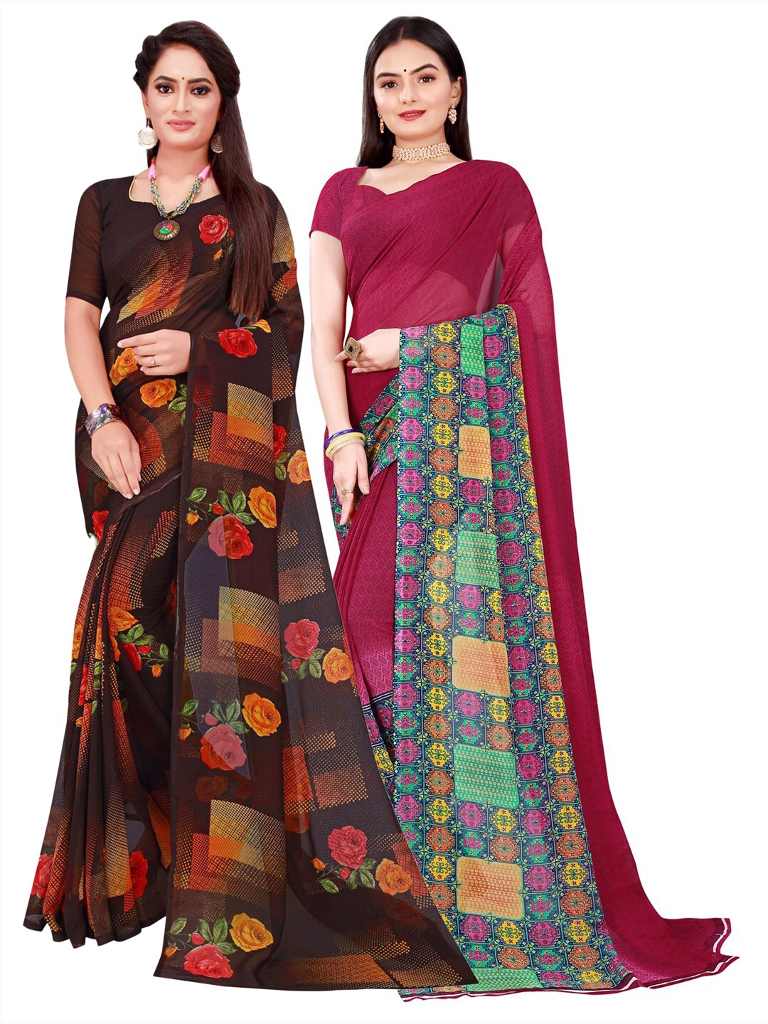 

Florence Pack Of 2 Black & Maroon Floral Pure Georgette Saree