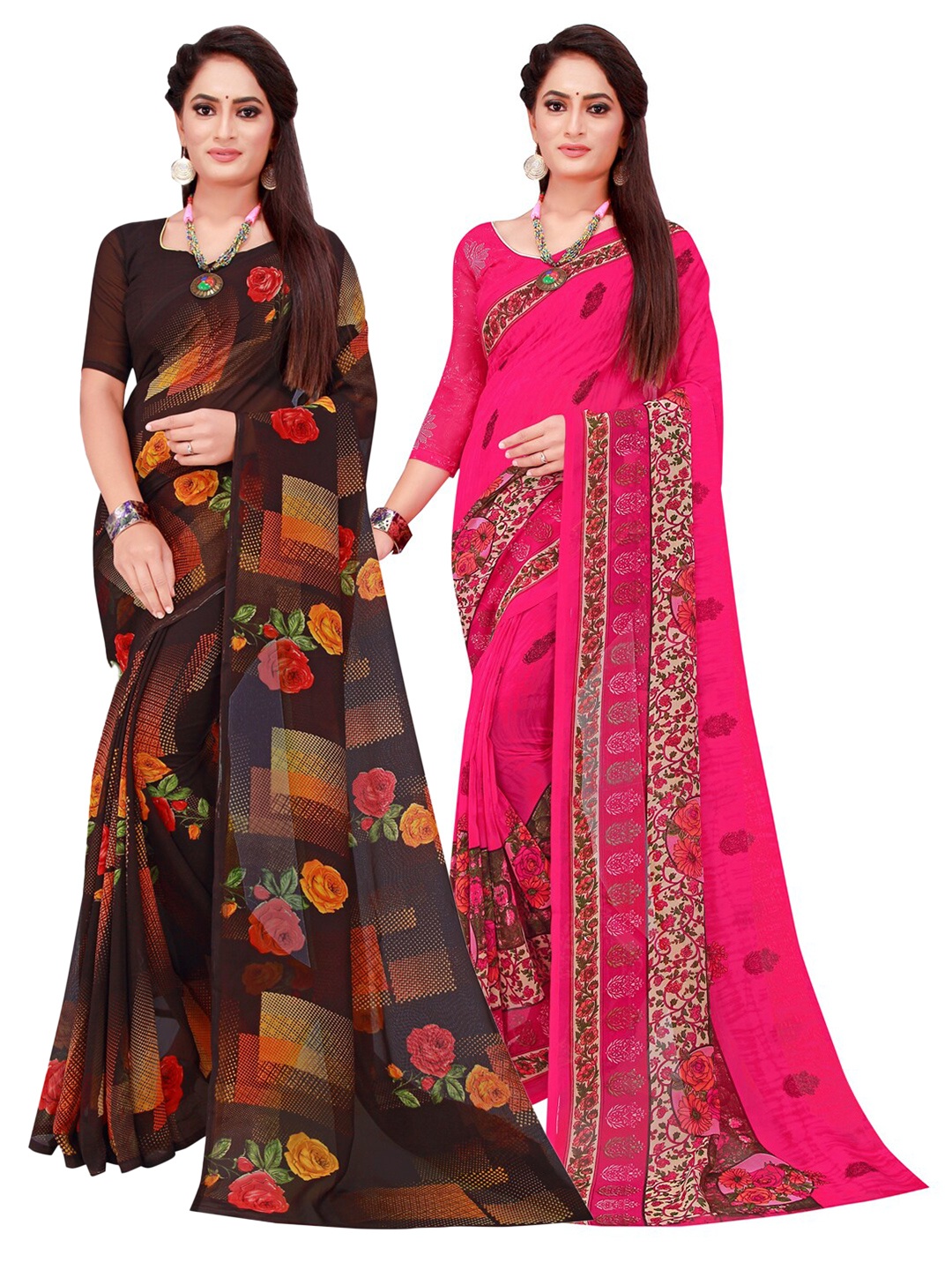 Florence Black & Pink Set Of 2 Pure Georgette Saree