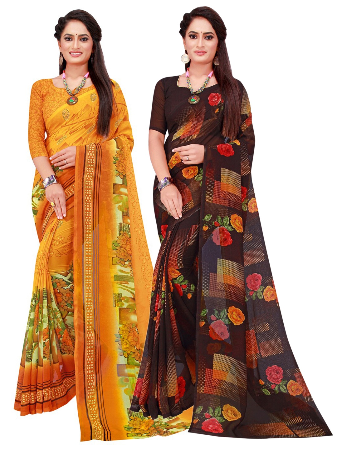 

Florence Black & Yellow Set Of 2 Floral Pure Georgette Saree