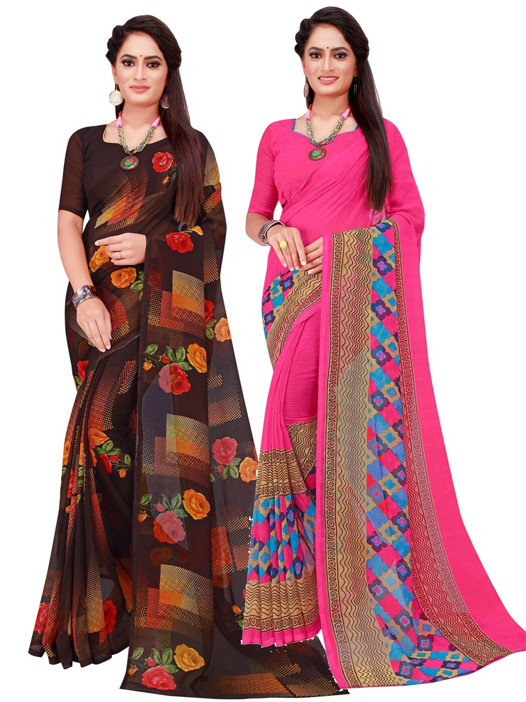 

Florence Pink & Black Pack of 2 Printed Pure Georgette Saree