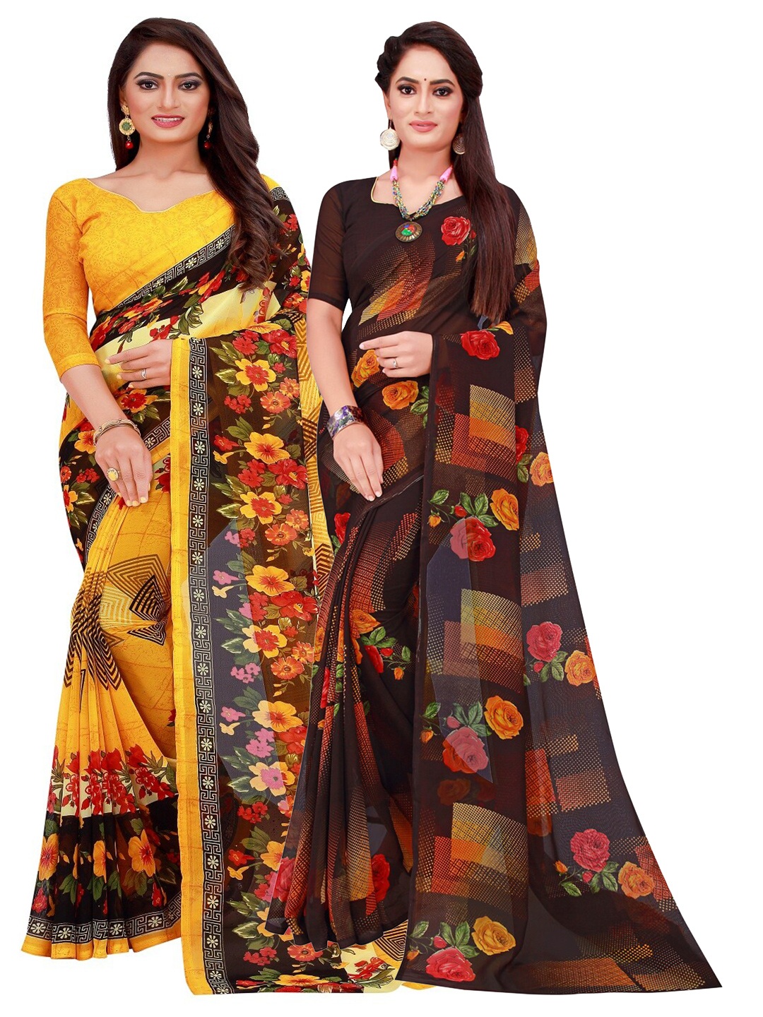 Florence Pack Of 2 Pure Georgette Sarees, Yellow