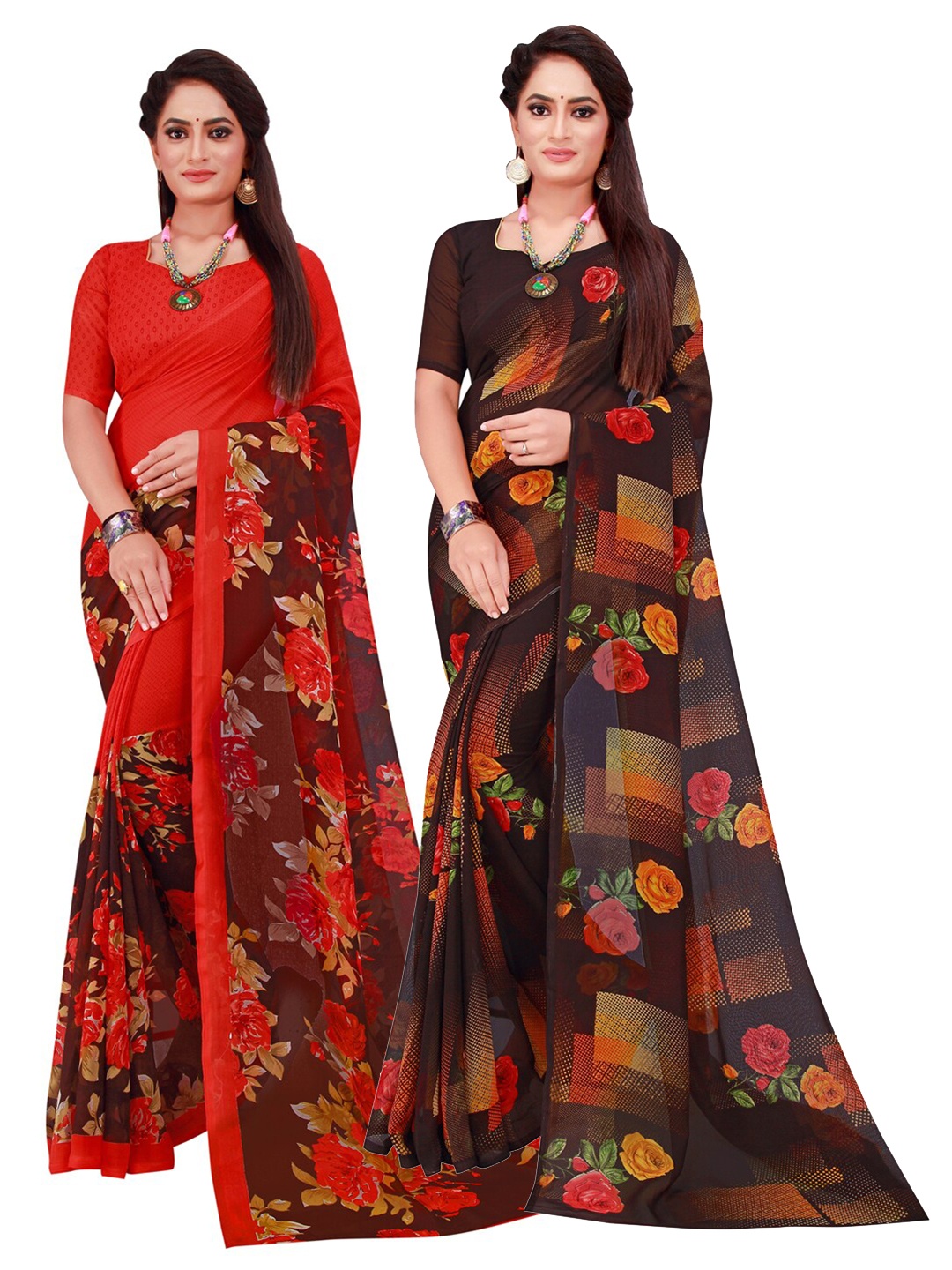 

Florence Black & Red Set Of 2 Floral Pure Georgette Saree