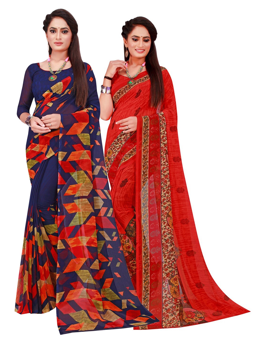 Florence Blue & Red Pack of 2 Printed Pure Georgette Saree