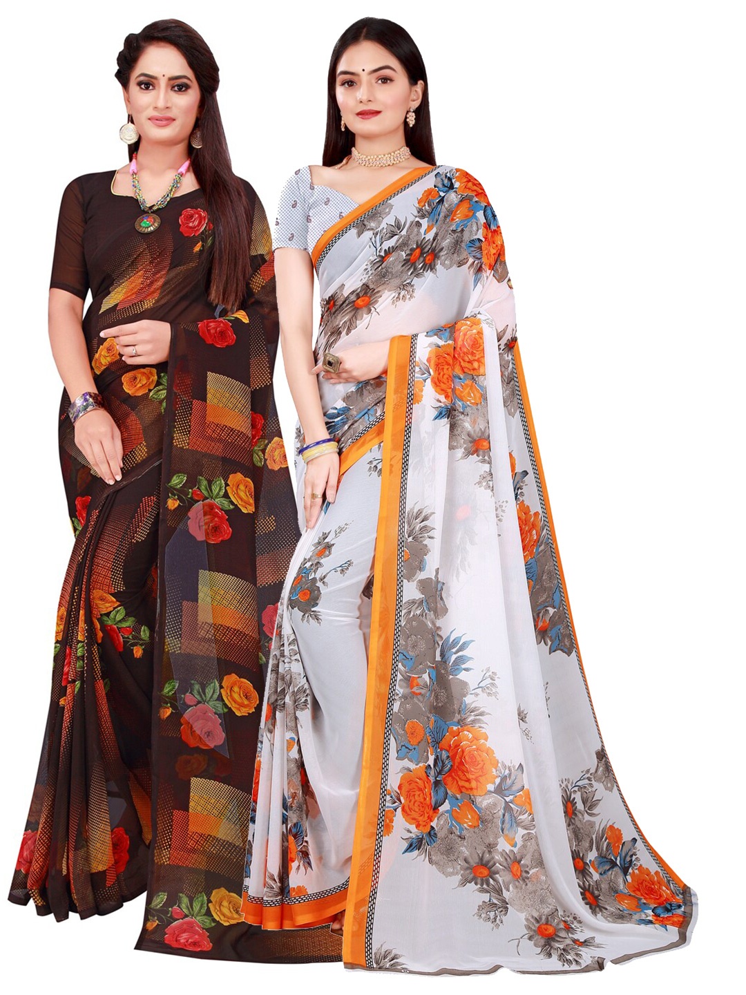 Florence Black & White Floral Pack Of 2 Pure Georgette Sarees