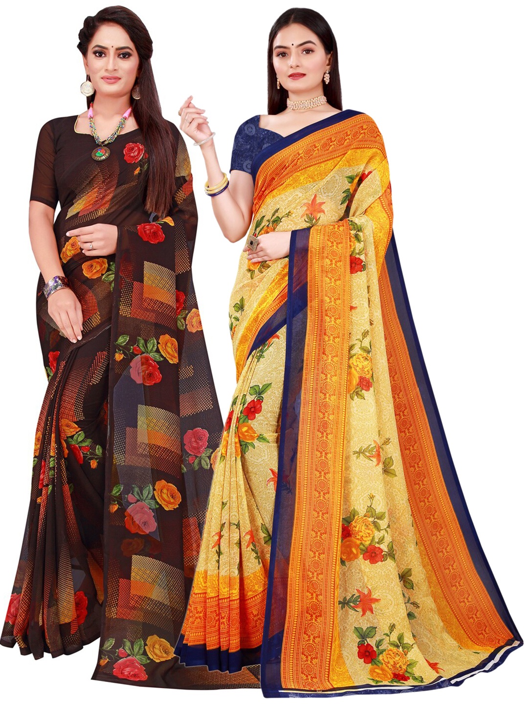 Florence Beige & Brown Set Of 2 Pure Georgette Saree