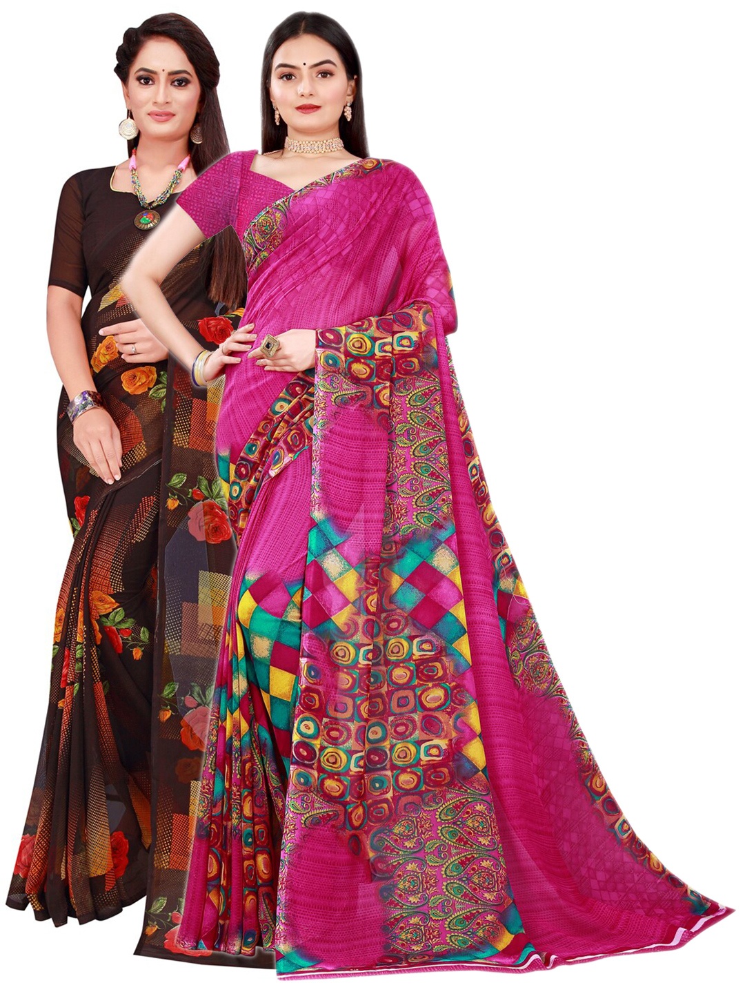 

Florence Magenta & Black Set Of 2 Pure Georgette Saree