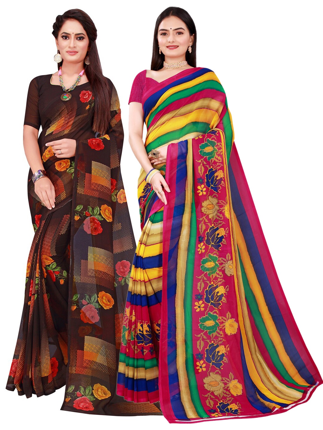 

Florence Black & Yellow Pack of 2 Printed Pure Georgette Saree