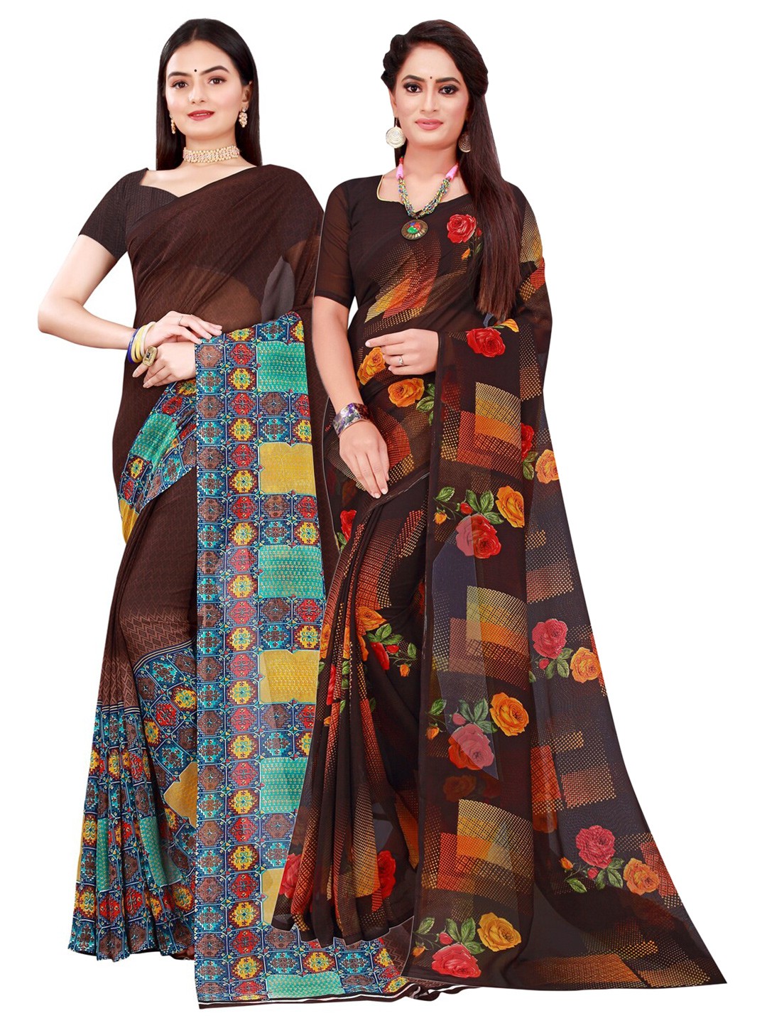 

Florence Brown & Black Set Of 2 Pure Georgette Saree