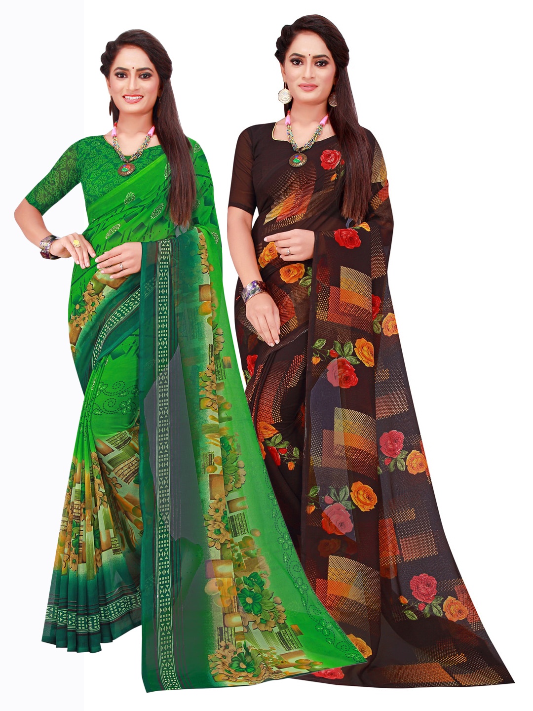 SAADHVI Green & Navy Blue Pack of 2 Printed Pure Georgette Saree