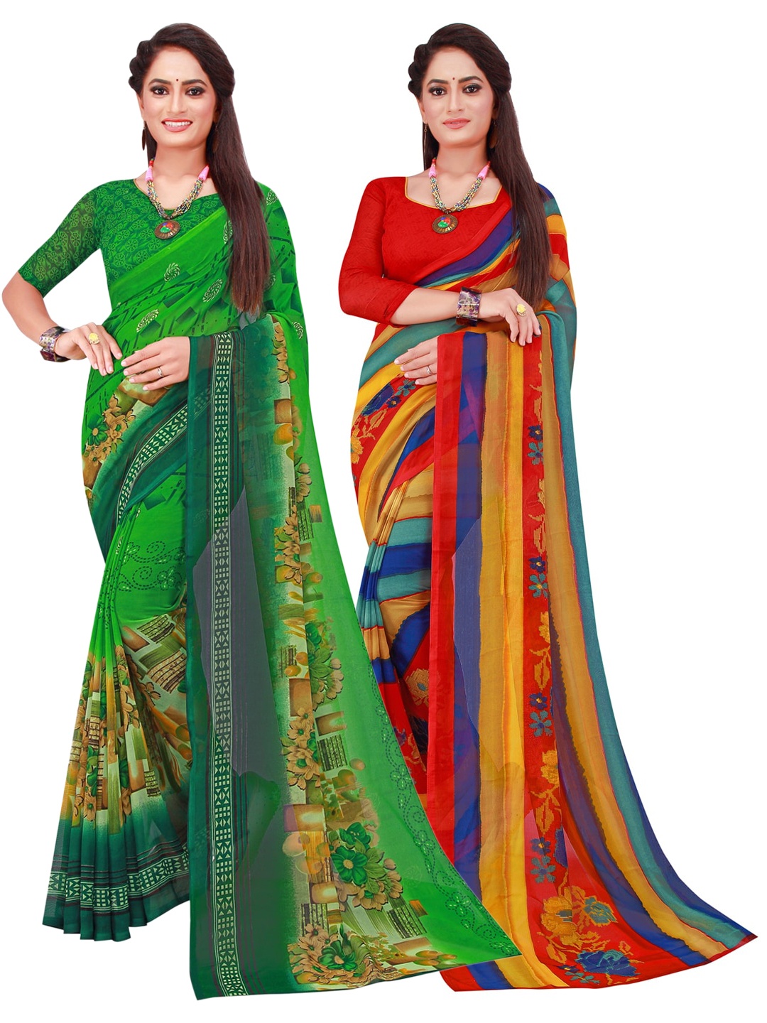 

SAADHVI Green & Red Pack of 2 Printed Pure Georgette Saree