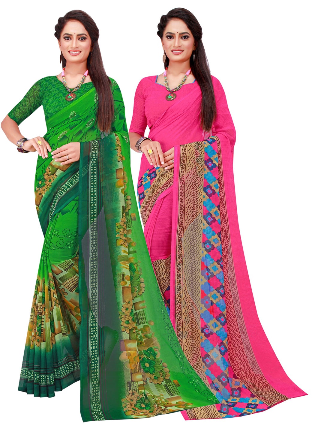 

SAADHVI Green & Pink Pack of 2 Printed Pure Georgette Saree