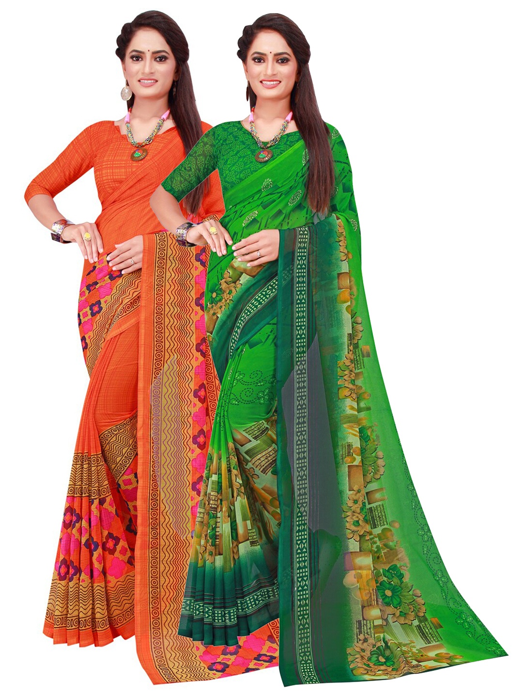 SAADHVI Pack Of 2 Pure Georgette Sarees, Green