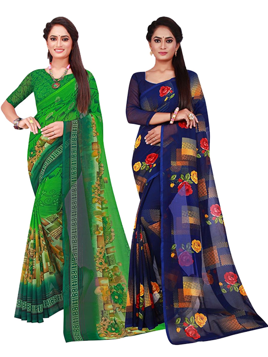 

SAADHVI Green & Blue Pack of 2 Printed Pure Georgette Saree