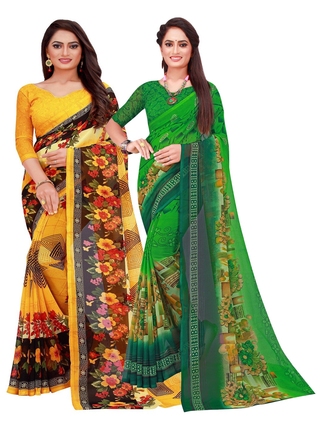 

SAADHVI Green & Yellow Set Of 2 Pure Georgette Saree