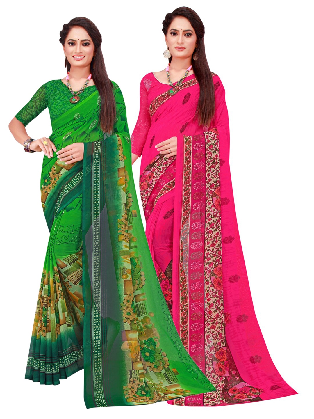 

SAADHVI Green & Pink Set Of 2 Pure Georgette Saree