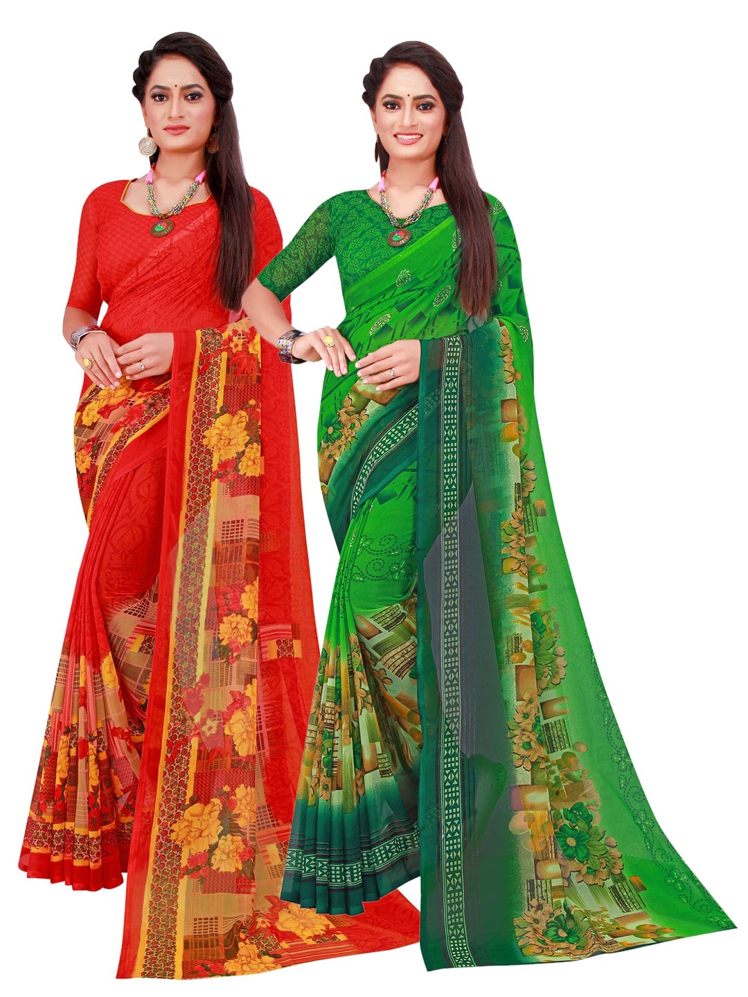 SAADHVI Pack Of 2 Green & Red Floral Printed Pure Georgette Saree