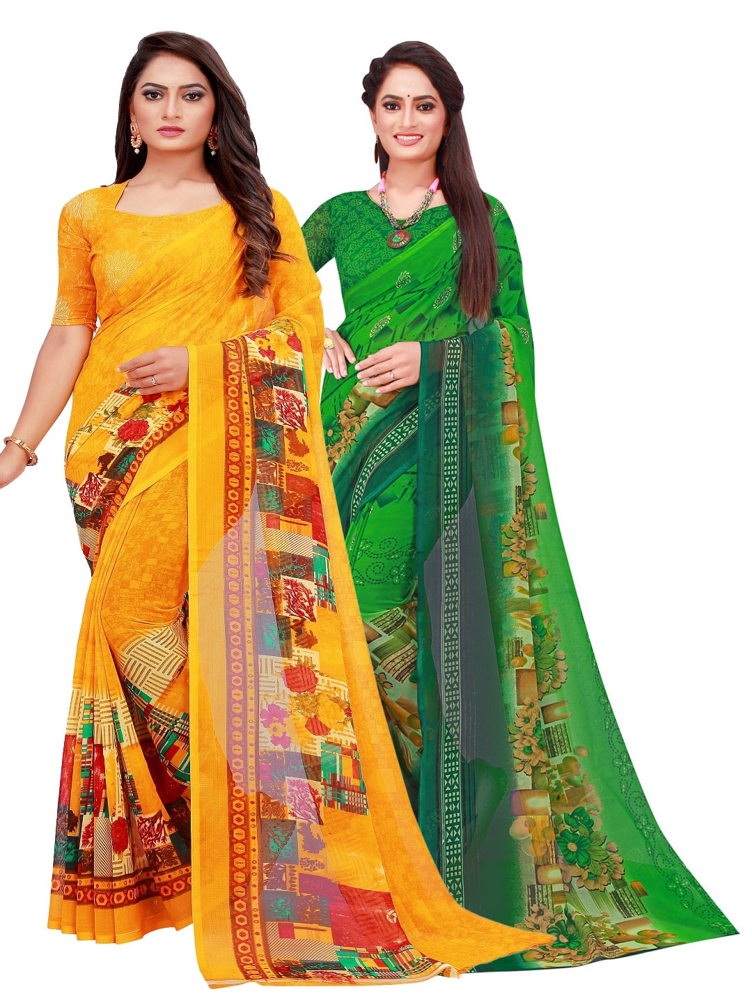 

SAADHVI Green & Yellow Pack of 2 Printed Pure Georgette Saree