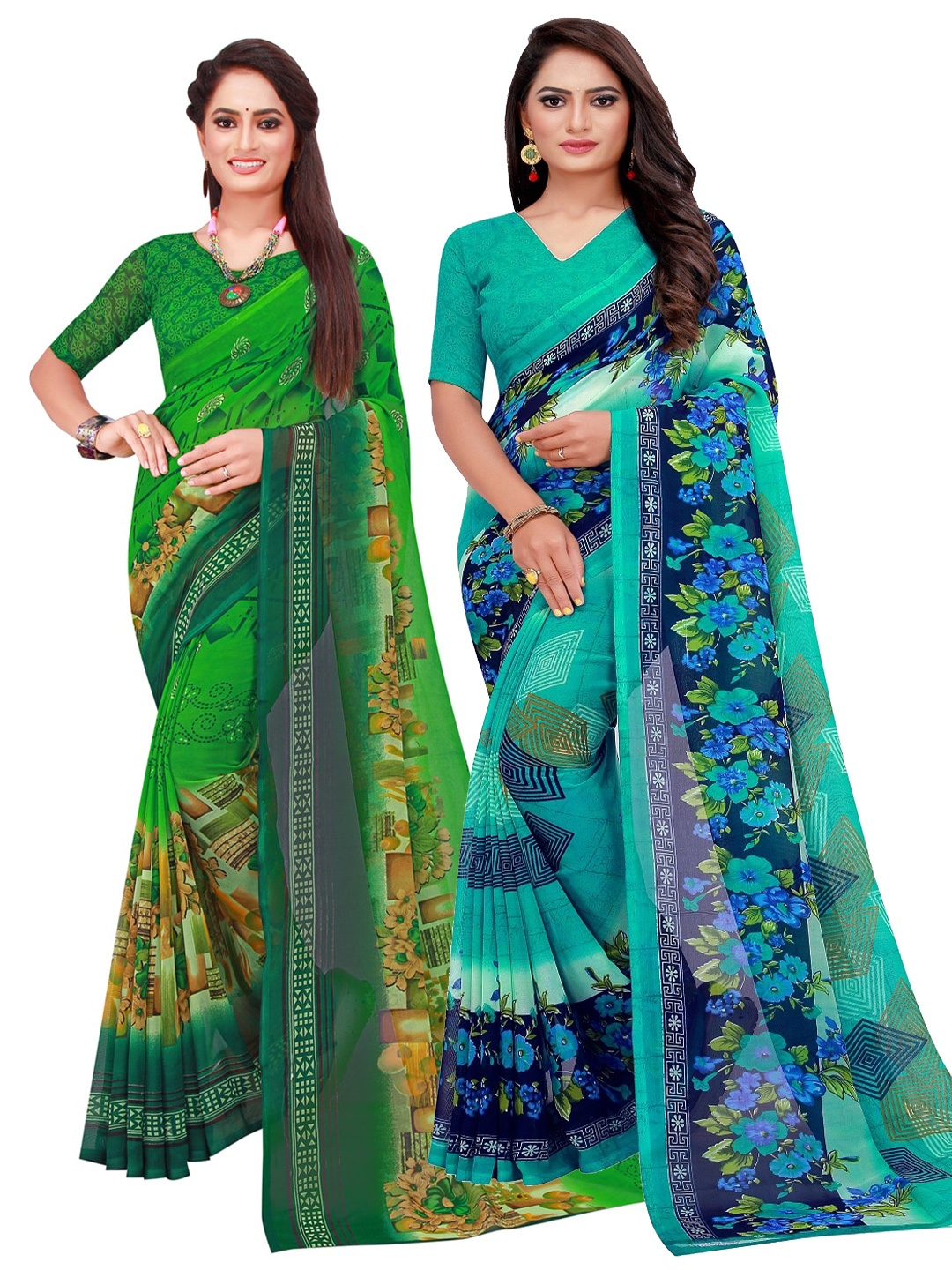 

SAADHVI Green & Teal Set Of 2 Floral Pure Georgette Saree