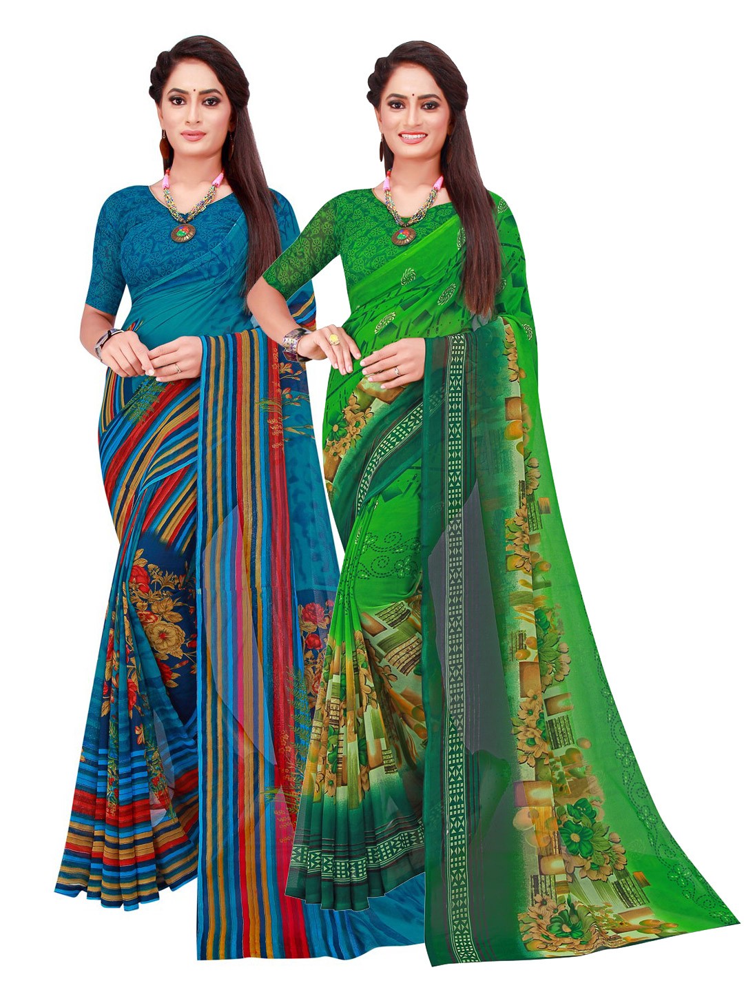 

SAADHVI Green & Blue Set Of 2 Pure Georgette Saree