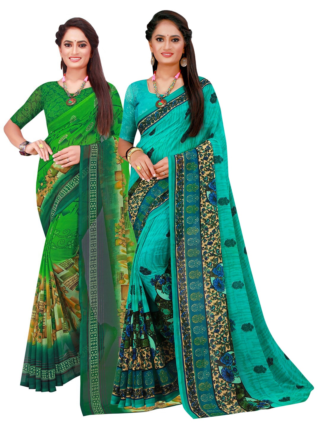 

SAADHVI Green & Blue Set Of 2 Pure Georgette Saree