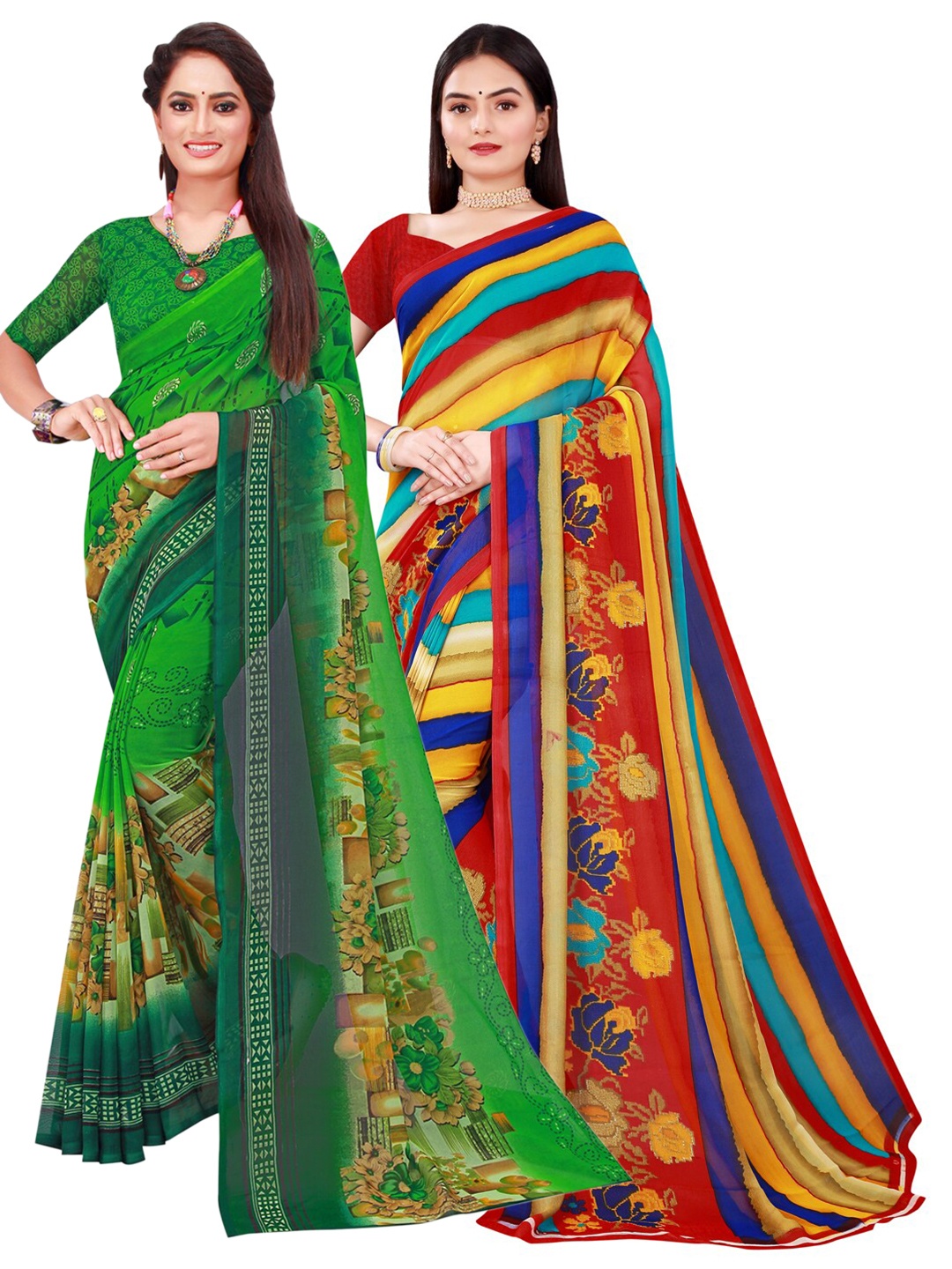 

SAADHVI Green & Red Set Of 2 Pure Georgette Saree
